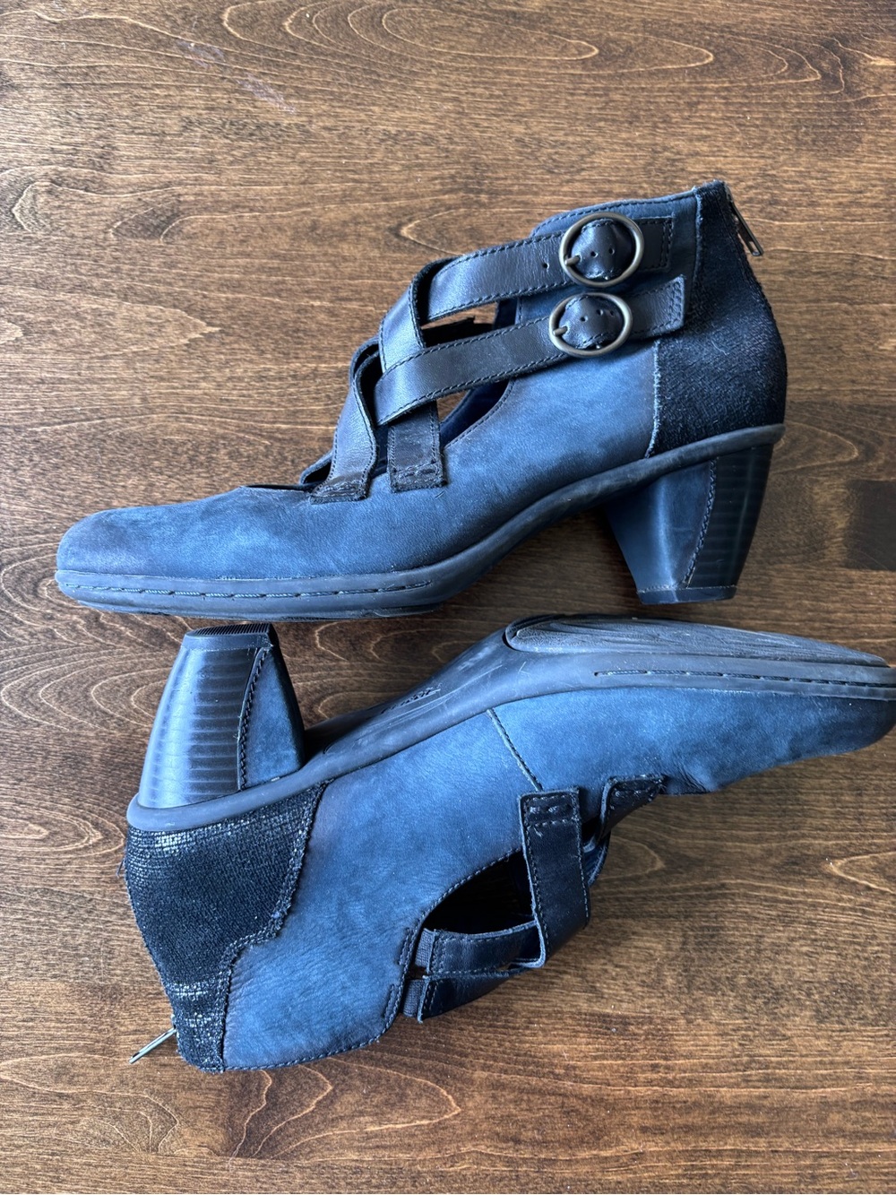 Earth Navy and Black Strappy Low/Comfort Heel Ankle Leather Shoes
